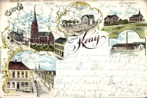 Litho Kray Essen im Ruhrgebiet, Kath. Kirche, Bahnhof, Ev. Kirche, Ziegelei, Hauptstraße, Gasthaus