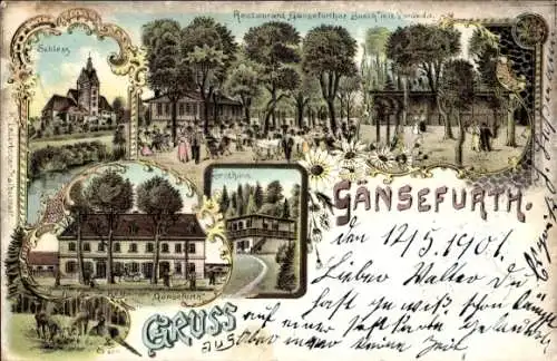 Litho Gänsefurth Hecklingen im Salzlandkreis, Schloss, Restaurant Gänsefurther Busch, Forsthaus