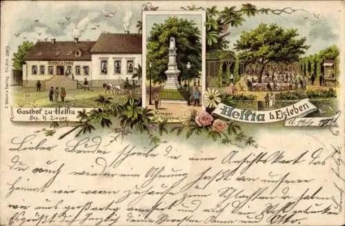 Litho Helfta Lutherstadt Eisleben in Sachsen Anhalt, Kriegerdenkmal, Gasthof zu Helfta