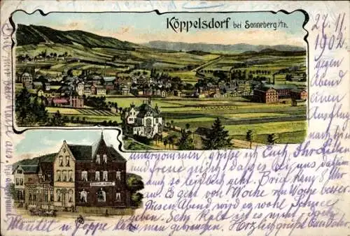 Litho Köppelsdorf Sonneberg in Thüringen, Gesamtansicht, Restaurant zum Bahnhof