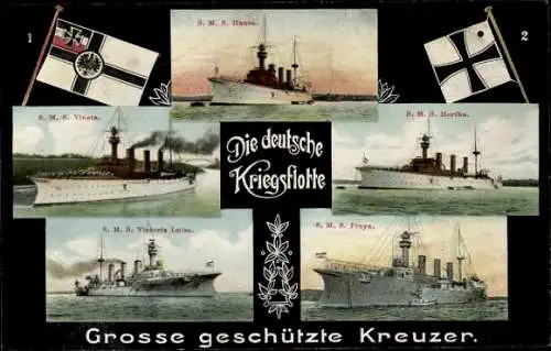 Ak Deutsche Kriegsschiffe, SMS Hansa, Vineta, Freya, Victoria Luise, Geschützte Kreuzer