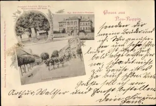 Ak Neuruppin in Brandenburg, Denkmal Friedrich Wilhelm II, Straße, Königliches Schullehrerseminar