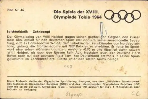 Ak XVIII. Olympische Spiele Tokio 1964, Leichtatlethik, Zehnkampf, Speerwurf, Hans Joachim Walde