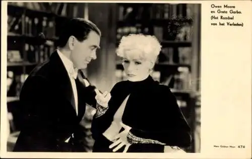 Ak Schauspielerin Greta Garbo, Schauspieler Owen Moore, Filmszene