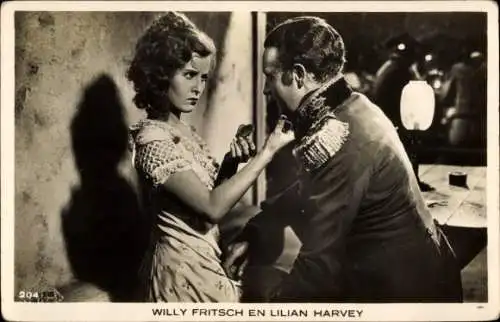 Ak Schauspielerin Lilian Harvey und Willy Fritsch, Filmszene