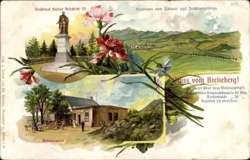 Litho Hainewalde Oberlausitz, Gasthof, Denkmal Kaiser Friedrich III., Breiteberg