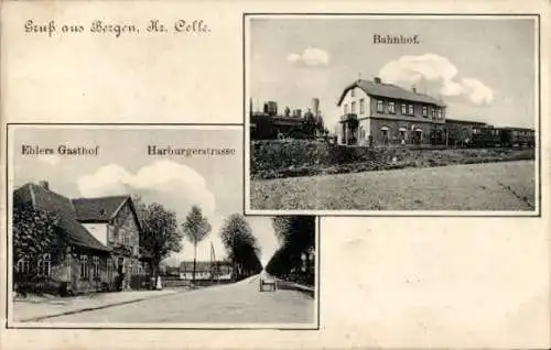 Ak Bergen in der Lüneburger Heide, Bahnhof, Ehlers-Gasthof, Harburgerstraße