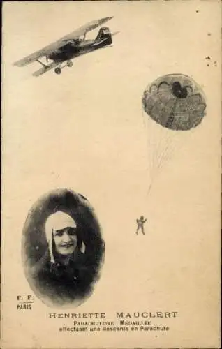 Ak Henriette Mauclert, Medaillee-Fallschirmjägerin bei einem Fallschirmabstieg