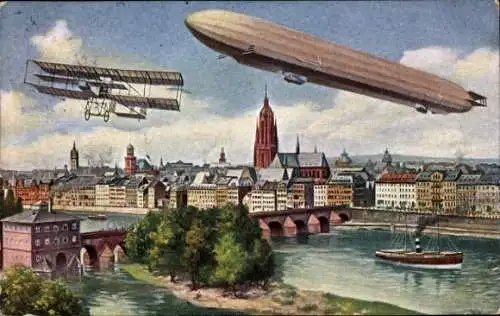 Künstler Ak Frankfurt am Main, Zeppelin, Flugzeug, Internationale Luftschifffahrts-Ausstellung