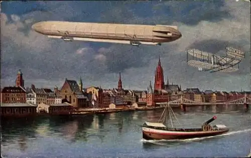 Künstler Ak Frankfurt am Main, Internationale Luftfahrtausstellung, Zeppelin, Doppeldecker