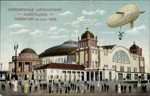 Ak Frankfurt am Main, Internationale Luftschifffahrtsausstellung 1909, Ausstellungshalle, Luftschiff