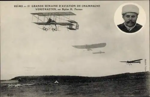 Ak Reims, Great Champagne Aviation Week, Verstraeten, im H. Farman-Doppeldecker