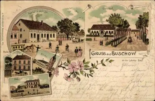 Litho Buschow im Havelland, Gasthof H. Müller, Gutshof, Kirche, Postamt, Bahnhof