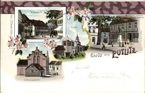 Litho Putlitz in der Prignitz, Marktplatz, Kaiser Wilhelm Denkmal, Kirche, Kantoratsgebäude, Straße