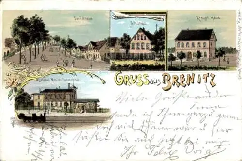 Litho Brenitz Sonnewalde in der Niederlausitz, Dorfstraße, Schulhaus, Krausch-Haus, Bahnhof