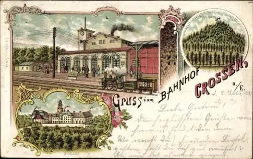 Litho Crossen an der Elster Thüringen, Bahnhof, Schloss, Mühlberg