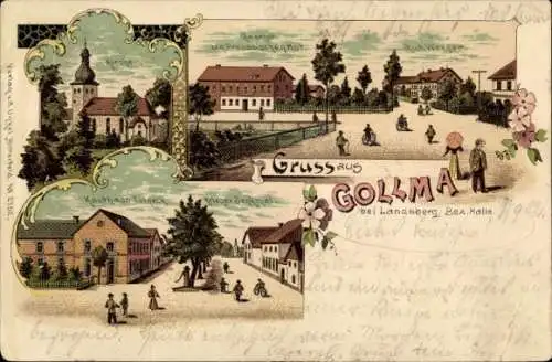 Litho Gollma Landsberg Saalekreis, Kirche, Gasthof zum Preußischen Hof, Gut Werner, Kaufhaus Tornack