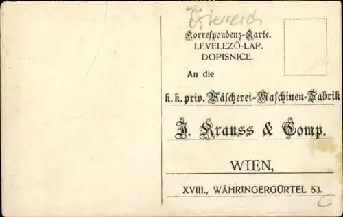 Litho Wien 18 Währing, K.k. priv. techn. u. Wäscherei-Maschinen-Fabrik J. Krauss & Comp.