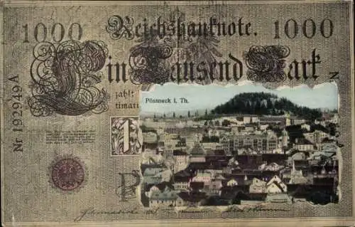 Geldschein Ak Pößneck in Thüringen, Teilansicht, Reichsbanknote, 1000 Mark