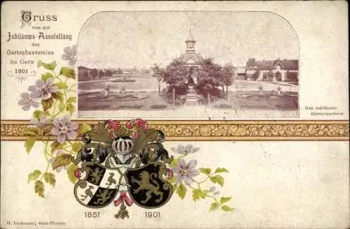 Passepartout Ak Gera, Jubiläums-Ausstellung des Gartenbauvereins 1851-1901, Blumenparterre, Wappen