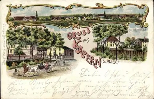 Litho Kauern Thüringen, Gesamtansicht, Gasthof, Rittergut