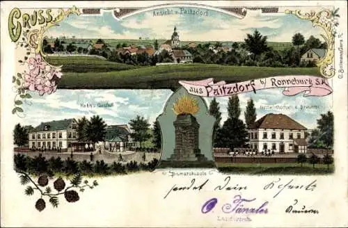 Litho Paitzdorf in Thüringen, Gesamtansicht, Hahn's Gasthof, Bismarcksäule, Brauerei