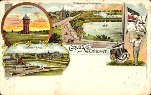 Litho Nordseebad Cuxhaven, Wasserturm, Deichstraße, Binnenhafen