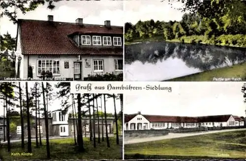 Ak Hambühren in Niedersachsen, Lebensmittel-Feinkost Fritz Skibbe, Teich, Kirche, Schule