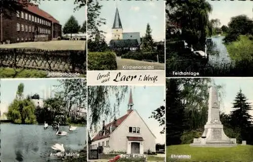 Ak Laer in Westfalen, Schule, Kirche, Teich, Ehrenmal, Mühle