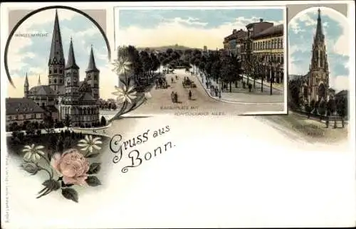 Litho Bonn am Rhein, Münsterkirche, Kaiserplatz, Poppelsdorfer Allee