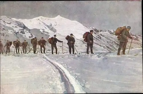 Ak Schweizer Heere, Proviantkolonne im Hochgebirge mit Skiern im Schnee