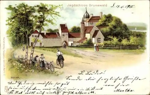 Künstler Litho Heide, A., Berlin Wilmersdorf Grunewald, Radfahrer, Spaziergänger vor dem Jagdschloss