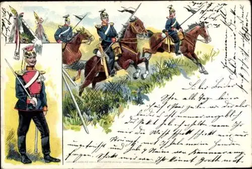 Litho Soldaten der Kavallerie in Uniformen, Kaiserzeit