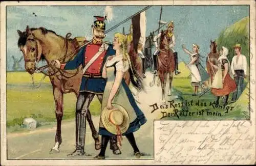 Litho Soldat der Kavallerie in Uniform, Liebespaar, Soldatenliebe