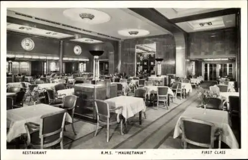 Ak Dampfschiff Mauretania, Restaurant, Cunard Line