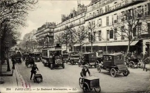 Ak Paris IX., Le Boulevard Montmartre, Autos, Busse