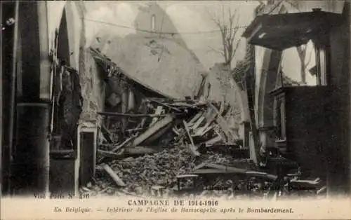 Ak Ramskapelle Ramscapelle Nieuwpoort Westflandern, Kirche nach der Bombardierung, 1. Weltkrieg