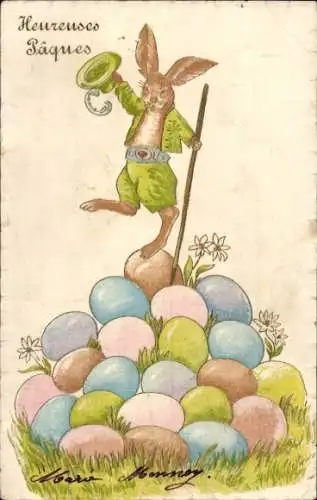 Präge Litho Glückwunsch Ostern, Osterhase in Volkstracht, Ostereier