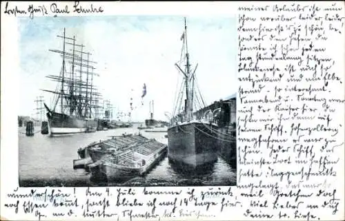 Ak Hamburg, Hafen, Segelschiff, Dampfschiffe