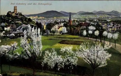 Ak Bad Godesberg Bonn am Rhein, Panorama zur Baumblüte, Siebengebirge