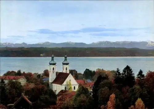 Ak Tutzing am Starnberger See Oberbayern, Teilansicht, KIrche, Gebirge