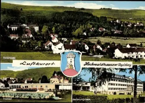 Ak Hochwaldhausen Ilbeshausen Grebenhain Hessen, Teilansicht, Freibad, Genesungsheim, Wappen