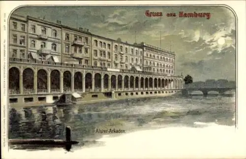 Mondschein Litho Hamburg Mitte Neustadt, Alsterarkaden