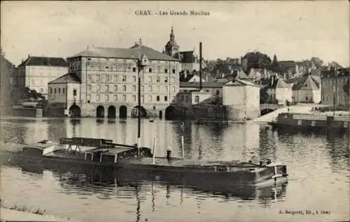 Ak Gray Haute Saône, Les Grands Moulins, Binnenschiff