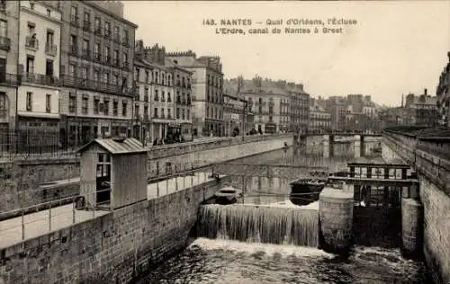 Ak Nantes Loire Atlantique, Quai d'Orleans, Schleuse, Erdre, Kanal