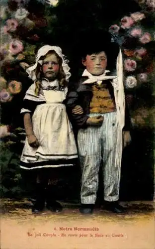 Ak Normandie, Kinder in Volkstracht, Porträt, Blumen