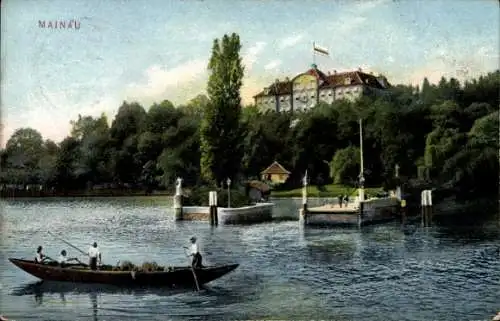 Ak Insel Mainau im Bodensee, Blick zum Schloss, Boot, Anlegestelle, Trenkler