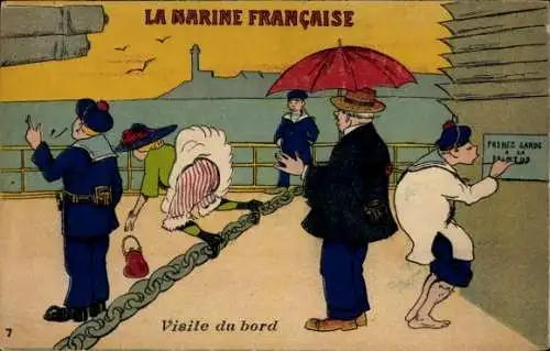 Ak Französische Seeleute, Marine, Frau stolpert über ein Seil