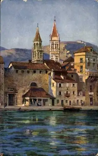 Künstler Ak Trogir Kroatien, Campanile und alte Stadtmauer