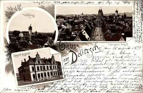 Vorläufer Litho Delitzsch in Sachsen, Schloss, Kaiserliches Postamt, Panorama